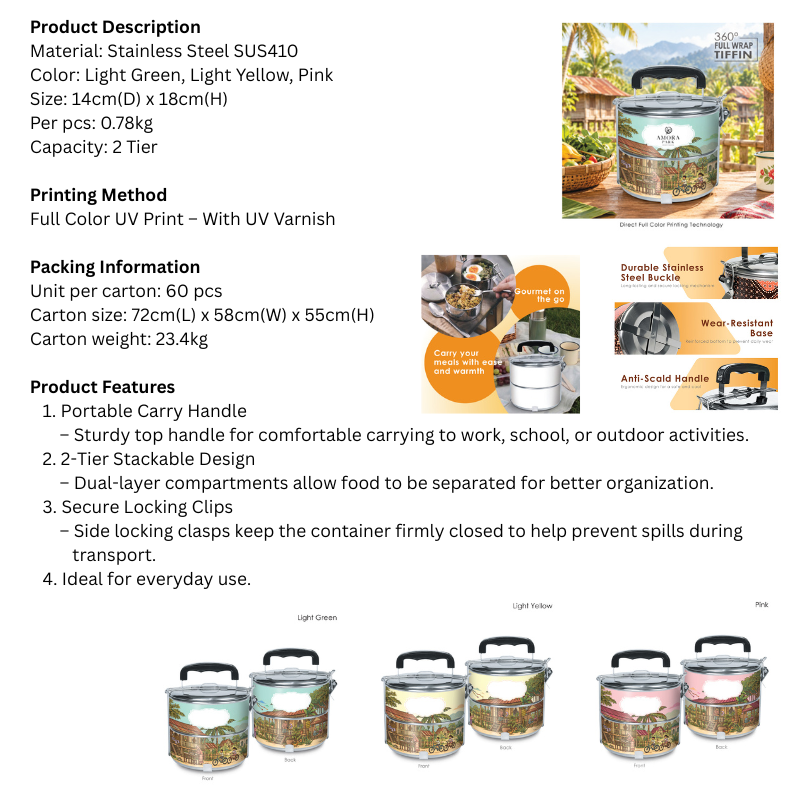 BS00048_Kampung Nostalgia_2 Tier 410 Stainless Steel Tiffin- Full Color Printing - Image 8